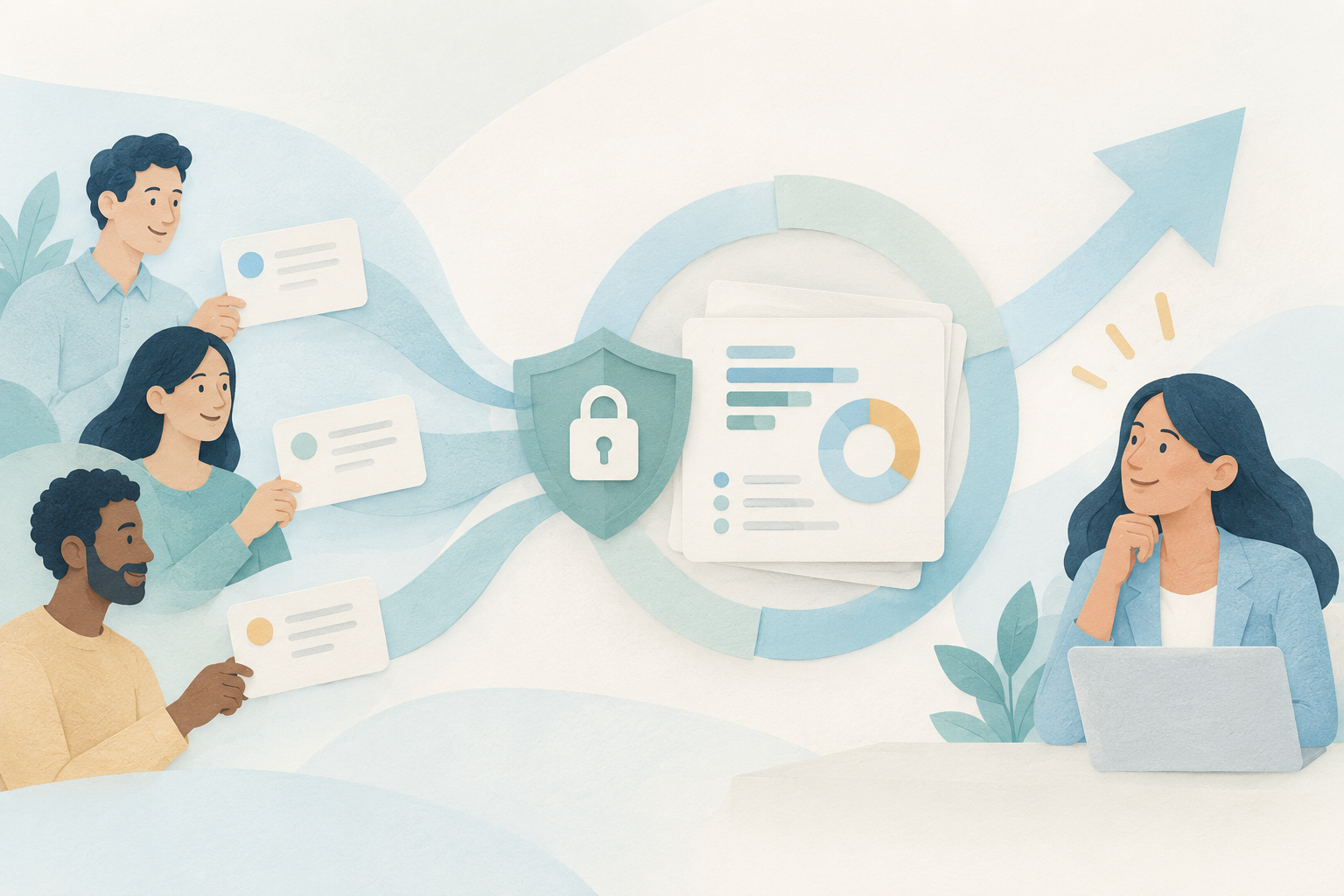 Illustration of anonymous colleague feedback being grouped into protected insights.